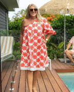 Hibiscus Single Shoulder Dress - Pink and Red
