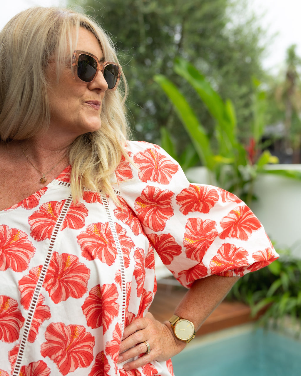 Hibiscus Single Shoulder Dress - Pink and Red